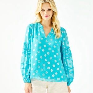 LILLY PULITZER Giana Silk Top In Bermuda Blue Size Small